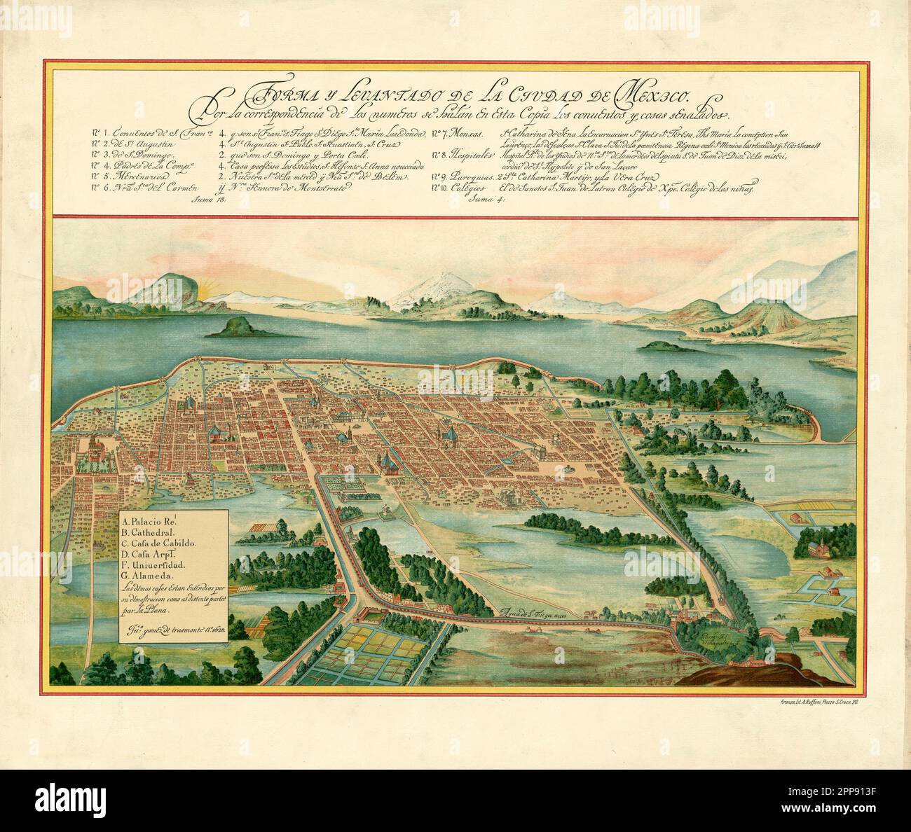 Oldtimer-Plan von Juan Gomez de Trasmonte di Ao c. 1628 aus der Vogelperspektive von Mexiko-Stadt und Umgebung einschließlich des Texcoco-Sees und der Vulkane Stockfoto