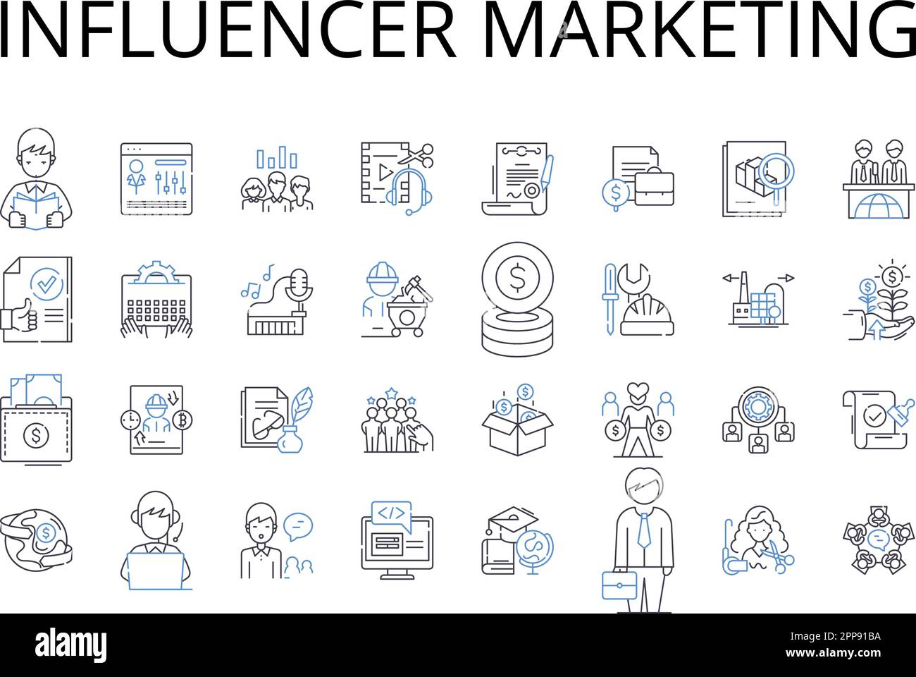 Kollektion mit Symbolen für Influencer Marketing Line. Inhaltsstrategie, Digitale Werbung, Social Selling, E-Mail-Marketing, Videoproduktion, Markenimage Stock Vektor