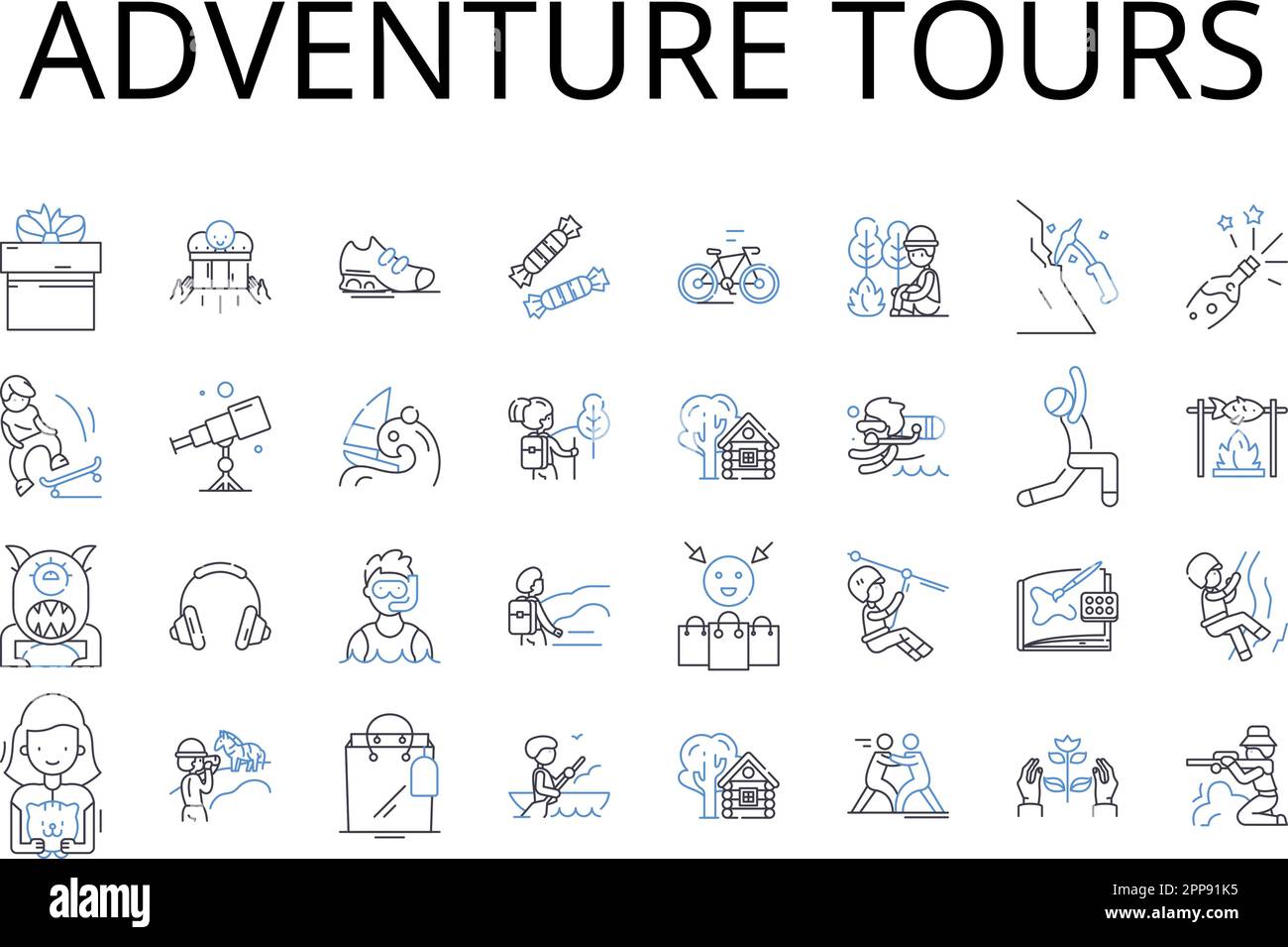 Adventure Tours Line Icons Kollektion. Öko-Reisen, Kulturtouren, Wildlife Safaris, Strandausflüge, Städtereisen, Kulinarische Ausflüge, Flussrundfahrten Stock Vektor