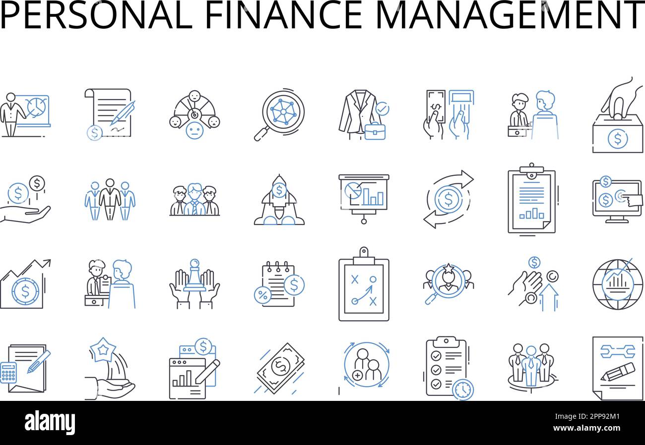 Sammlung der Positionssymbole für Personal Finance Management. Finanzplanung, Vermögensverwaltung, Meine Verwaltung, Steuerorganisation, Budgetkontrolle, Mtary Stock Vektor