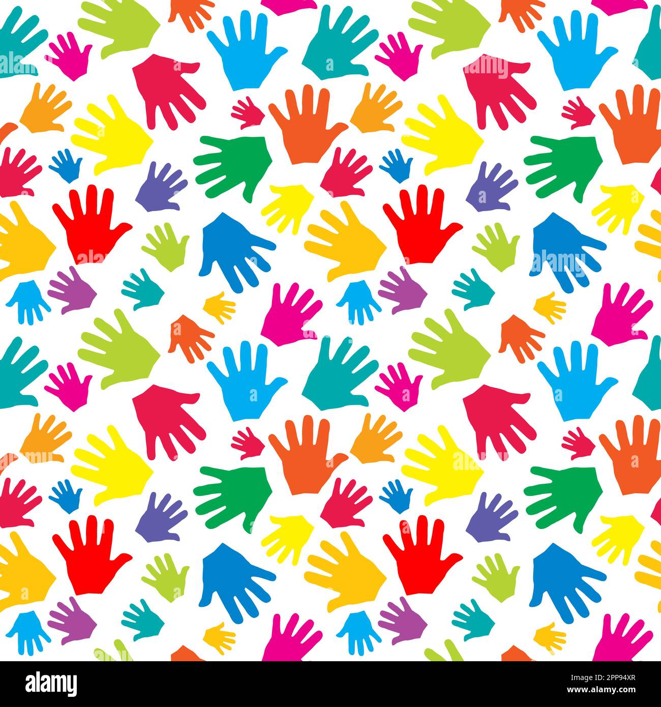 Nahtloses Muster mit farbigen Kinderhandflächen auf weißem Hintergrund Stock Vektor