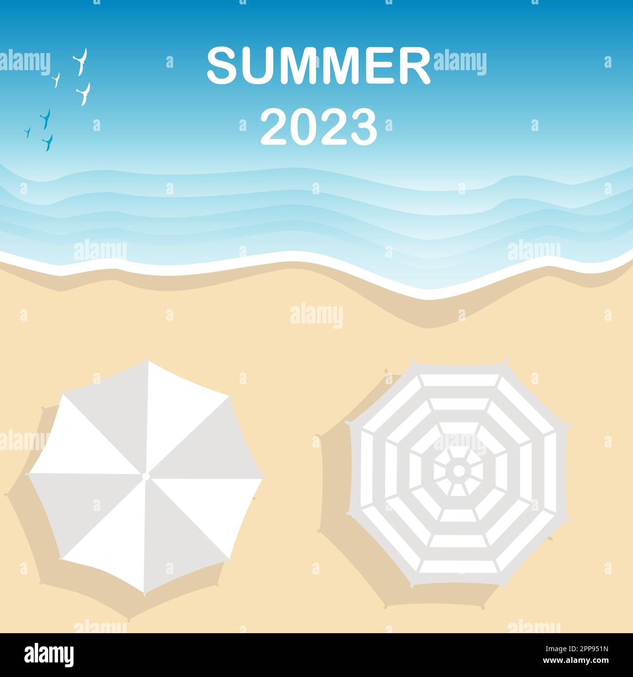 Hintergrund für Poster Sommer 2023. Strandbanner mit zwei Sonnenschirmen Stock Vektor