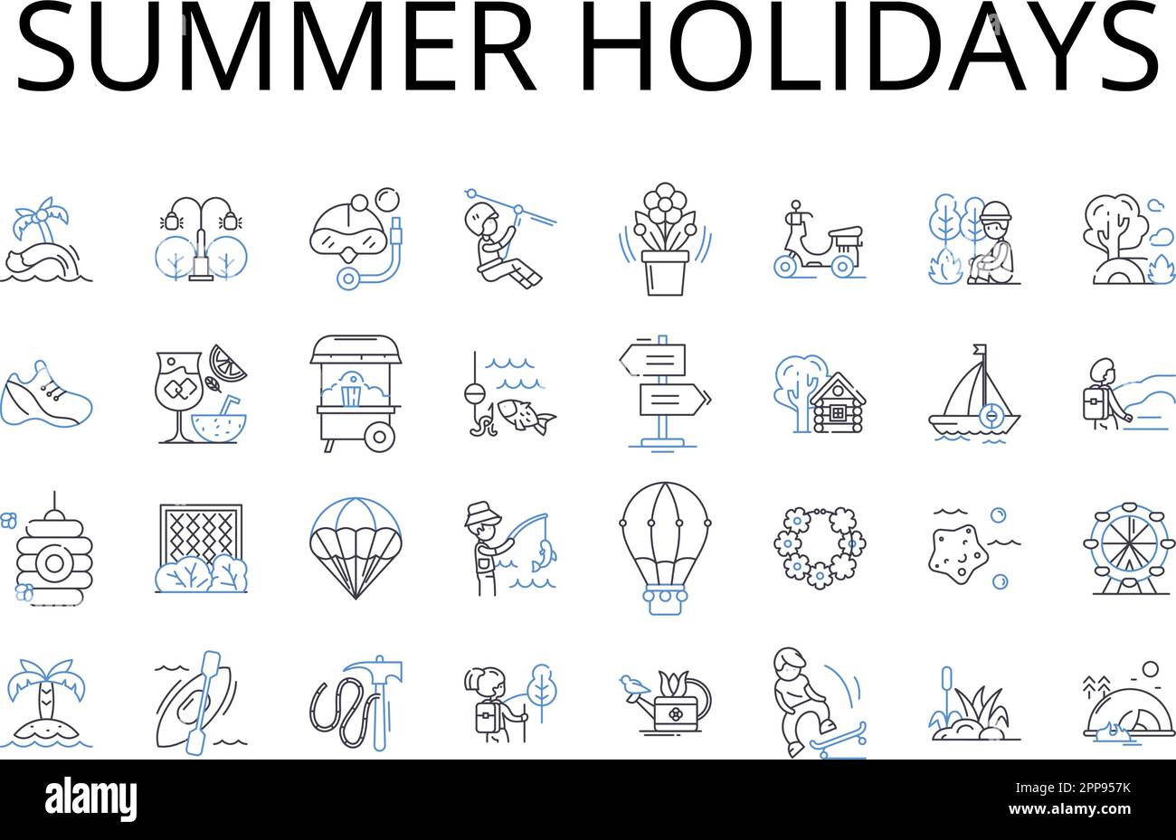 Kollektion mit Symbolen für Sommerferien. Urlaub, Urlaub, Kurzurlaub, Ausflug, Rückzugsort, Pause, Freizeitzeitvektor und lineare Darstellung. Pause, Auszeit Stock Vektor