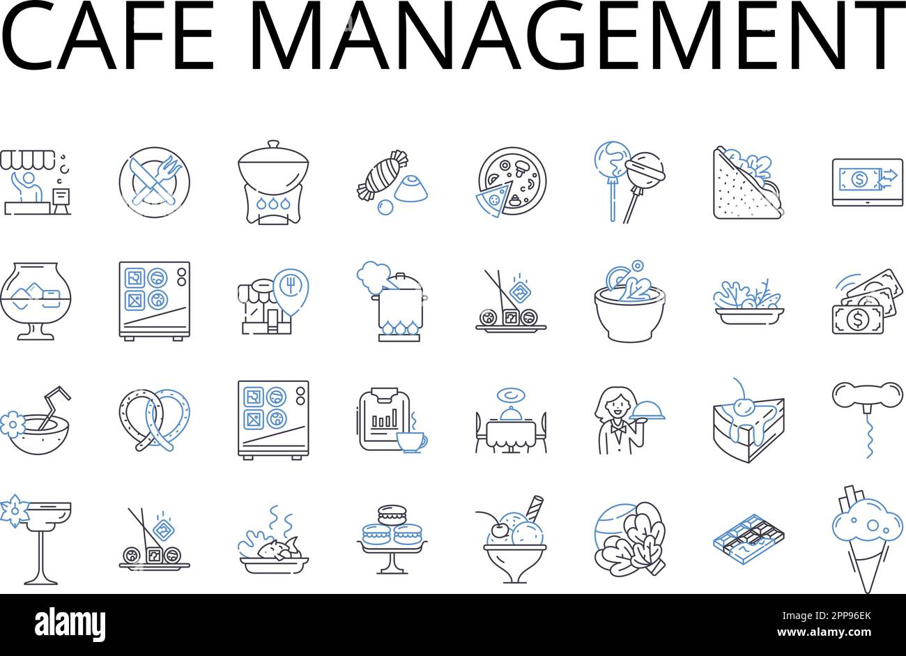 Sammlung der Symbole für die Café-Management-Linie. Restaurantleitung, Bistro-Verwaltung, Coffeehouse-Verwaltung, Eatery-Leitung, Tavern-Leitung, Bar Stock Vektor