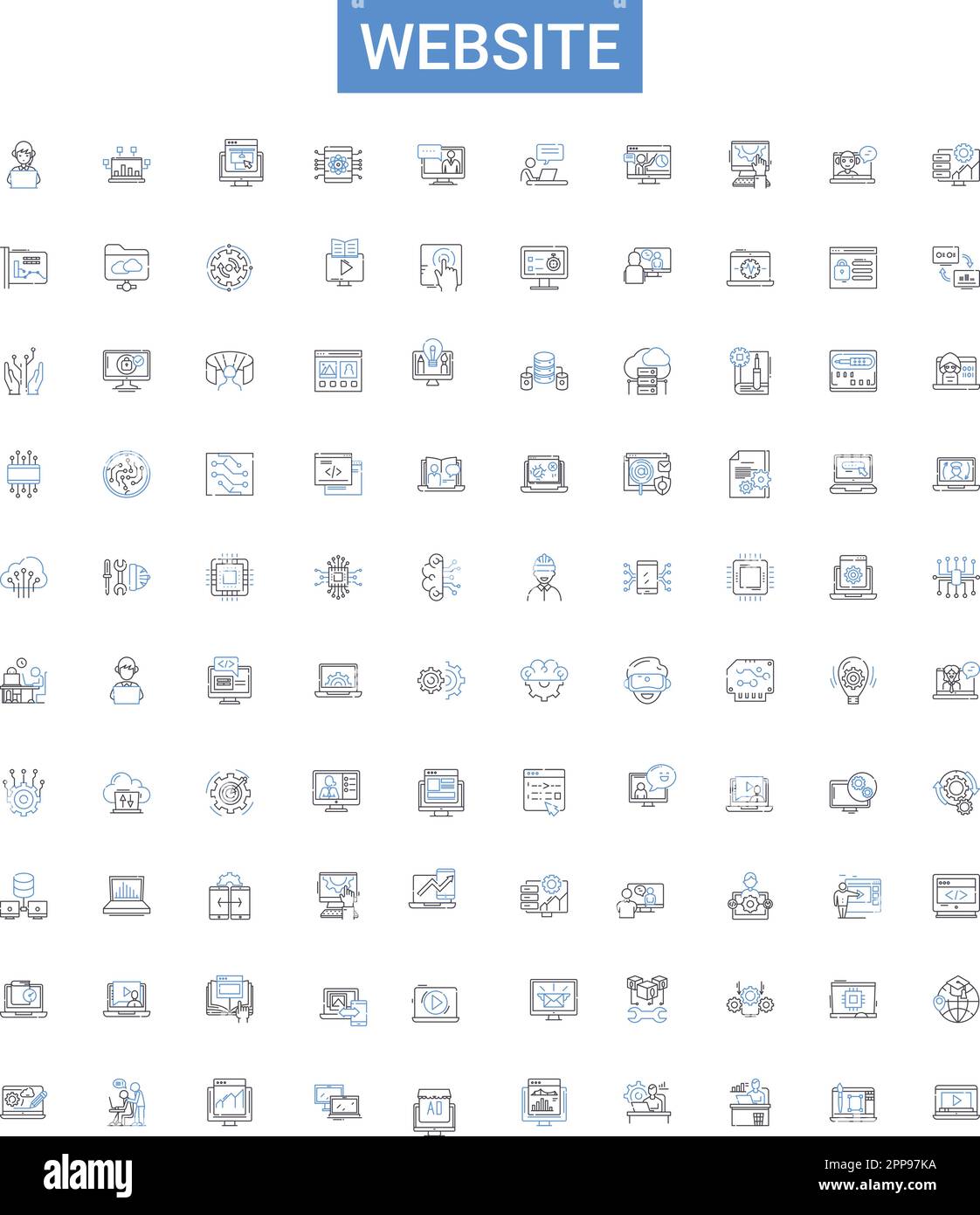 Symbolsammlung für Websitemodule. Website, Webseite, Site, Portal, Web, Homepage, Seitenvektorbildsatz. URL, Domain, Online-Linienzeichen Stock Vektor