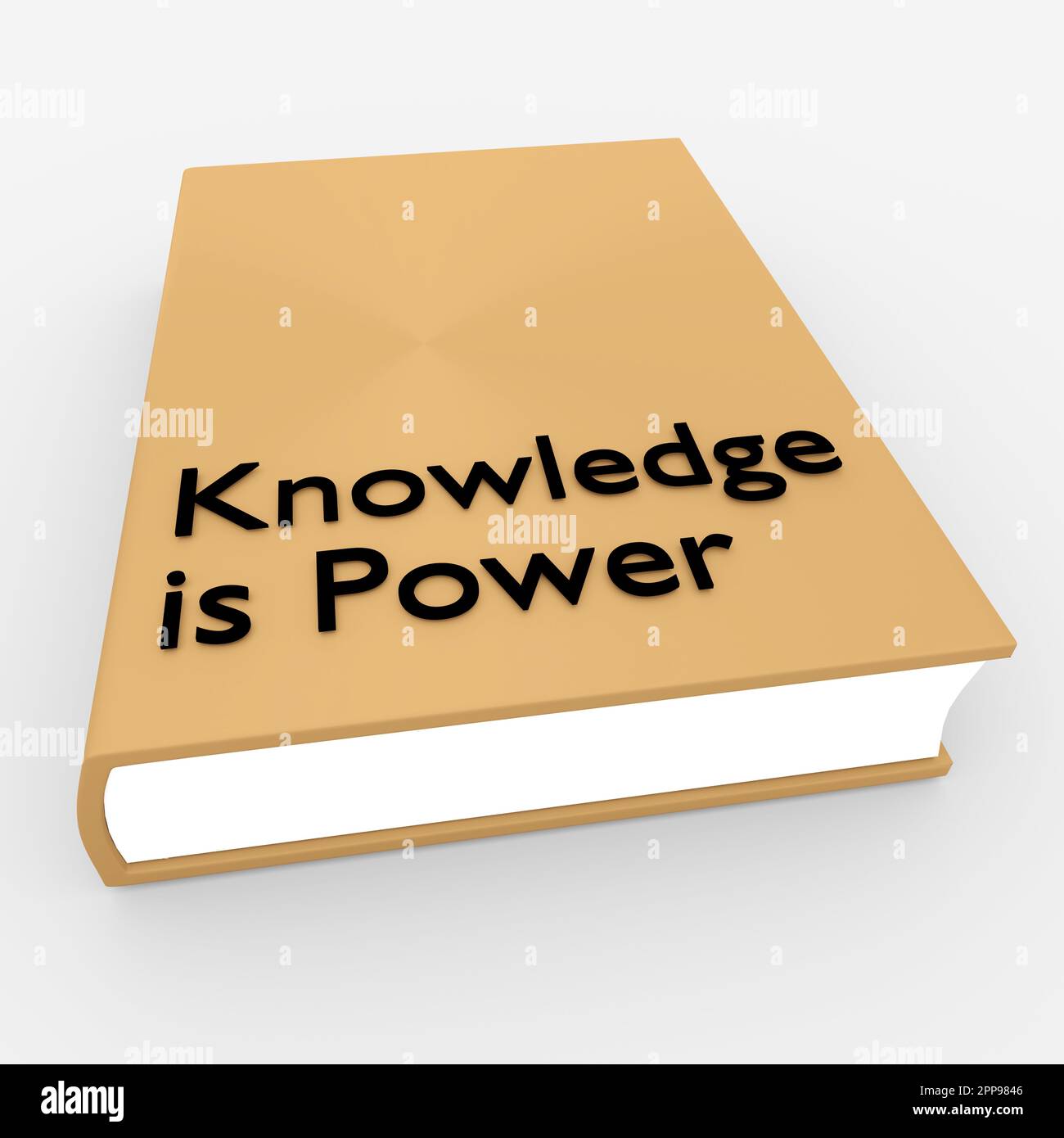 3D Abbildung eines Buchs mit dem Titel „Wissen ist Macht“, isoliert über hellgrauen Hintergrund. Stockfoto