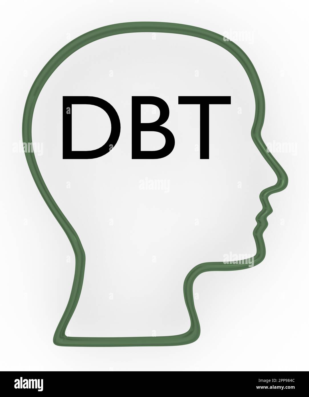 3D Abbildung einer Kopfsilhouette mit DBT-Aufdruck - die Initialen der dialektischen Verhaltenstherapie. Stockfoto