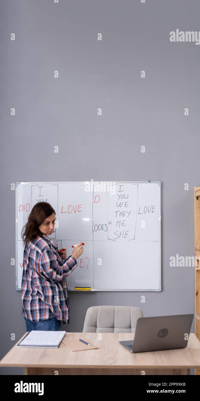 Konzept der Fernschulung. Seriöse Frau, die neben dem Whiteboard steht, mit englischen Grammatikregeln, mit einem Marker zeigt, online-Videoanrufe auf dem Laptop führt Stockfoto