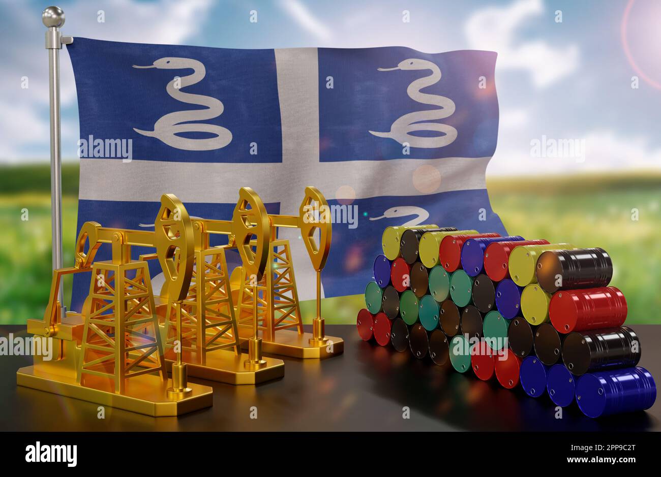 Der Erdölmarkt von Martinique. Ölpumpe aus Gold und Fässer aus Metall. Das Konzept der Ölproduktion, -Lagerung und -wert. Martinique-Flagge in Ba Stockfoto