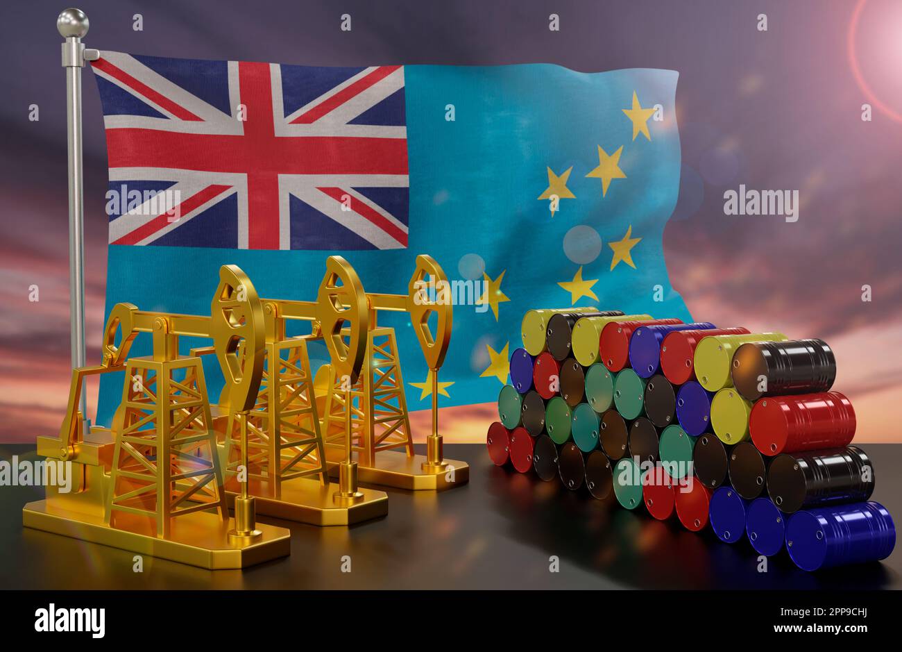 Der Erdölmarkt von Tuvalu. Ölpumpe aus Gold und Fässer aus Metall. Das Konzept der Ölproduktion, -Lagerung und -wert. Tuvalu-Flagge im Hintergrund Stockfoto