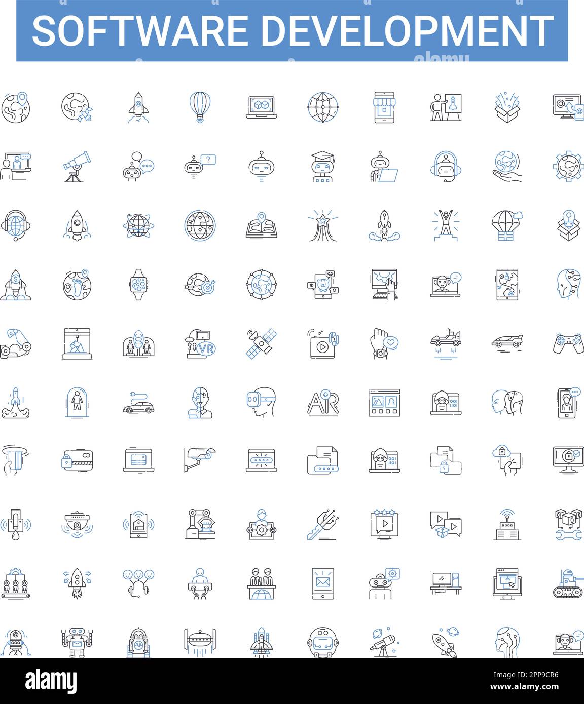 Symbolsammlung für die Softwareentwicklung. Software, Entwicklung, Codierung, Programmierung, Debugging, Test, Vektorbildungs-Set entwerfen Stock Vektor