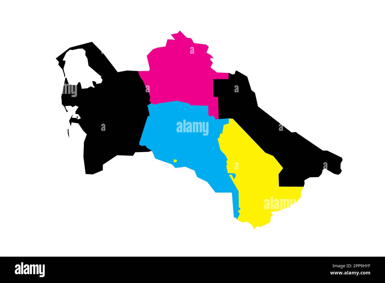 Turkmenistan politische Karte der Verwaltungsabteilungen - Regionen und Hauptstadtbezirk Aschgabat. Leere Vektorzuordnung in CMYK-Farben. Stock Vektor