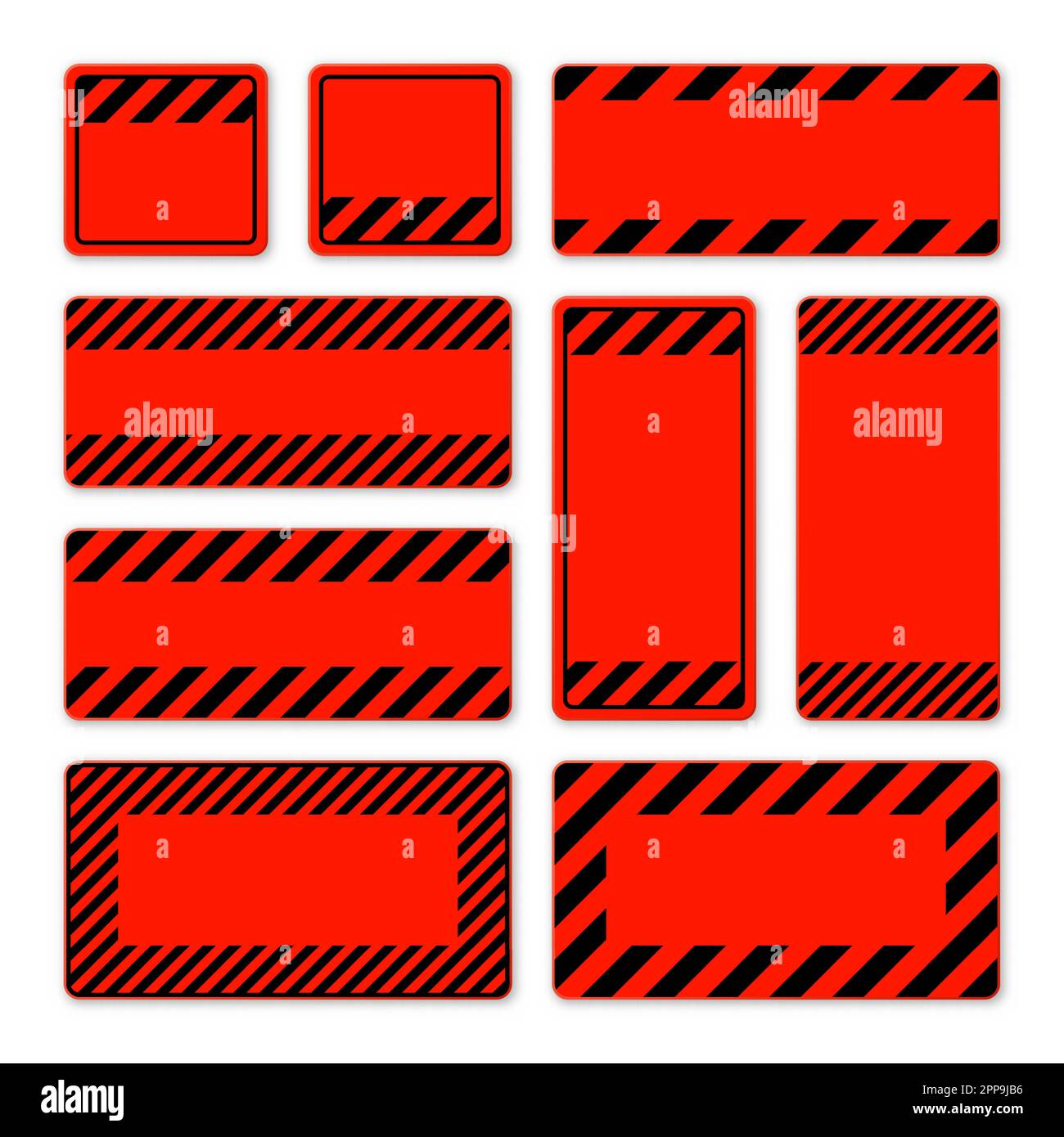 Verschiedene leere rote Warnschilder mit diagonalen Linien. Achtung-, Gefahr- oder Vorsichtshinweis, Baustellenbeschilderung. Realistisches Hinweisschild, Warnung Stock Vektor