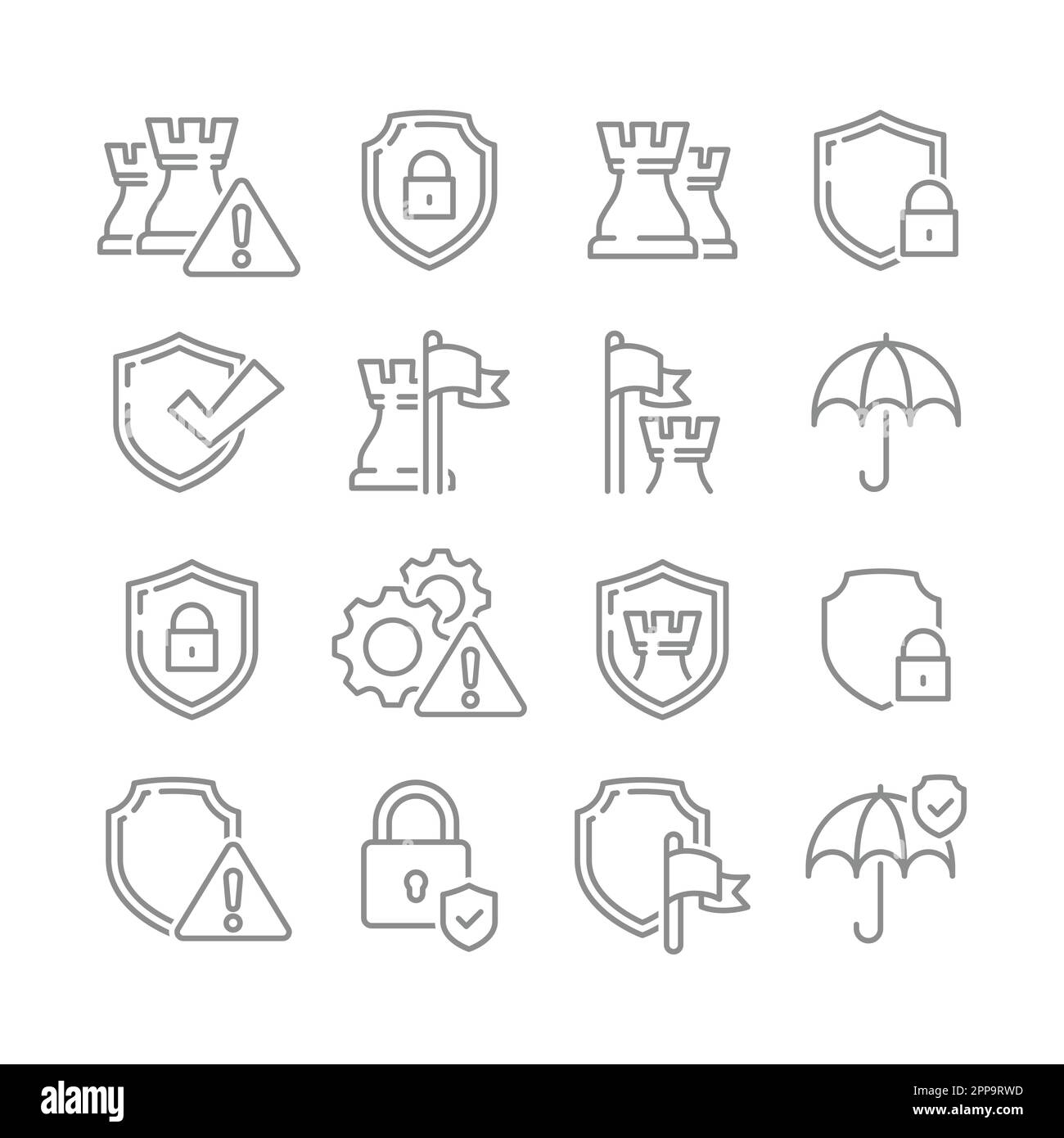 Symbolgruppe für Vektor der Sicherheitslinie. Symbole für Sicherheit, Schutzschild und Vorhängeschloss. Stock Vektor