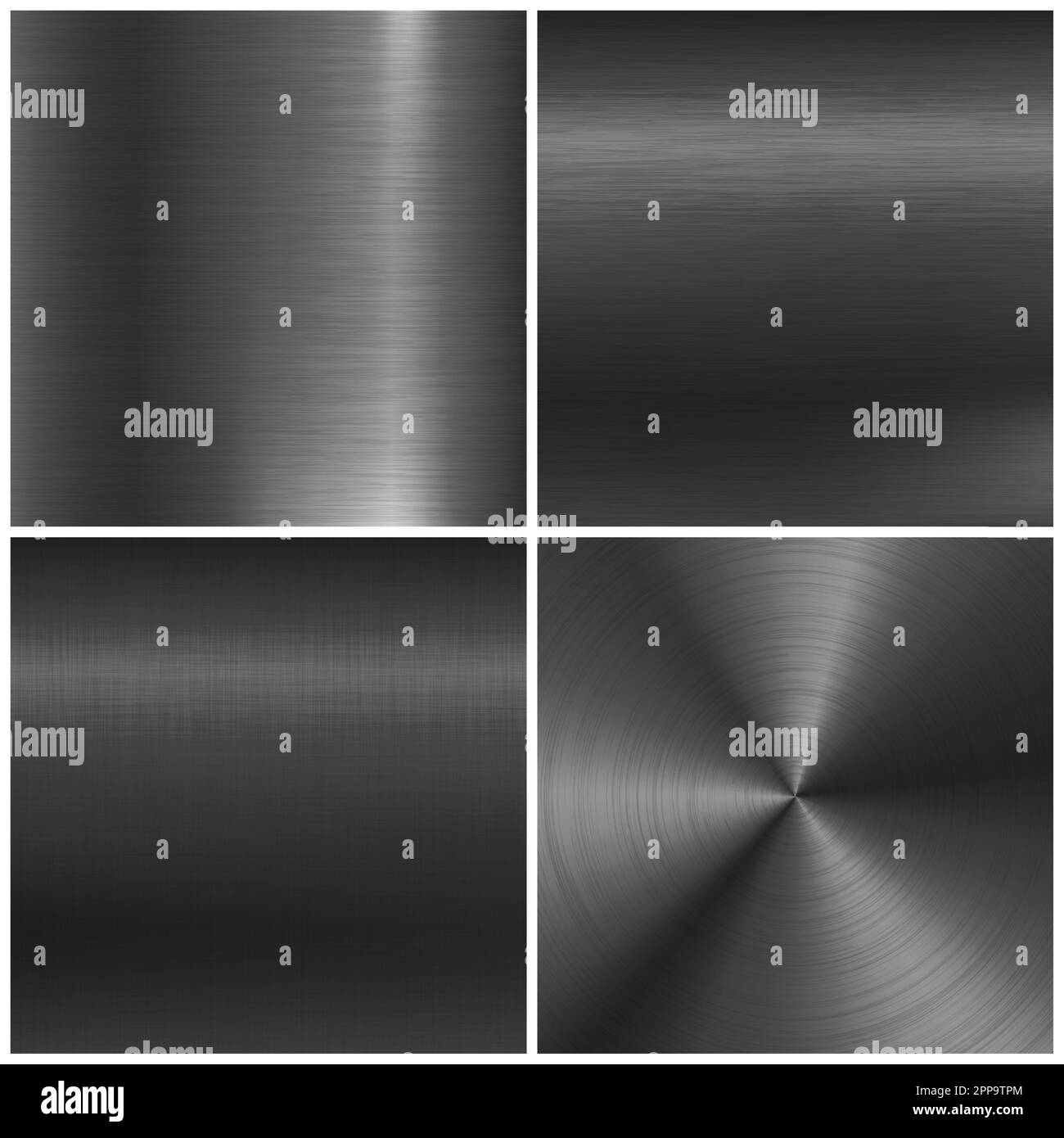Verschiedene realistische Bannerkollektion aus schwarzem Metall. Gebürstete Stahl- oder Aluminiumplatte, Platte mit Schrauben. Polierte Metalloberfläche. Alte Grunge-Textur mit Stock Vektor