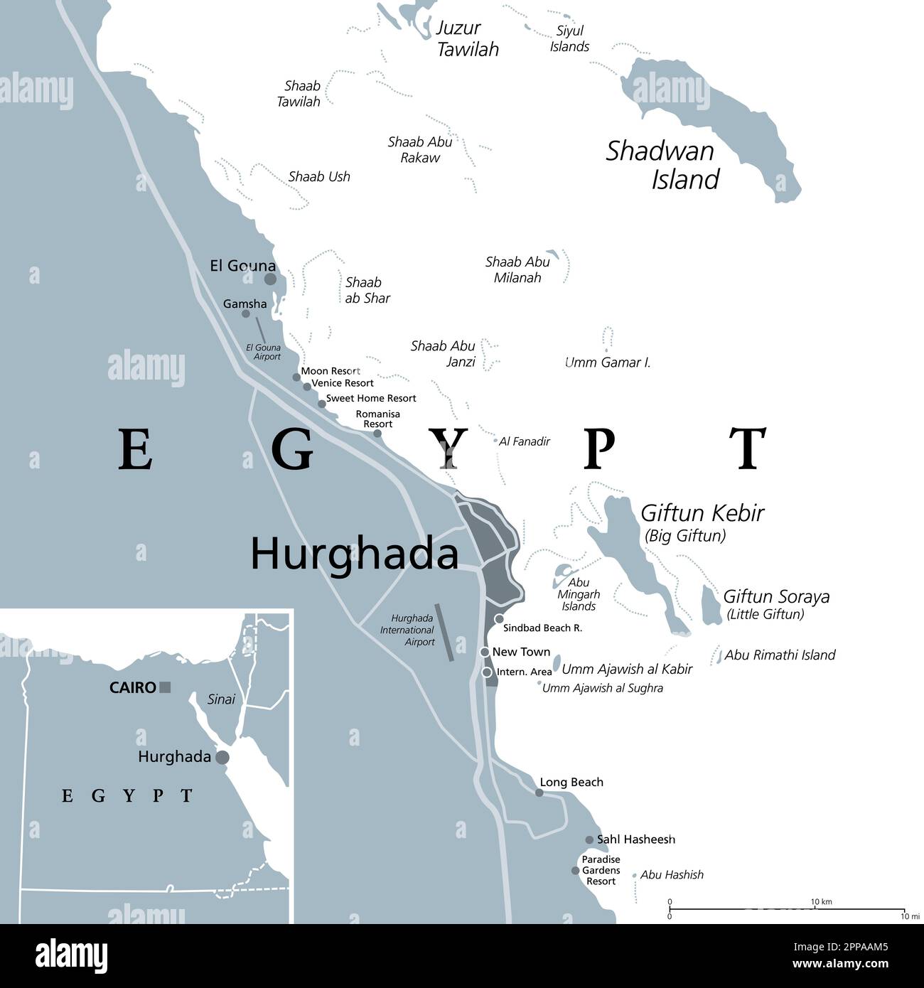 Hurghada und Umgebung, Ägypten, graue politische Karte. Stadtgebiet im Gouvernement des Roten Meeres von Ägypten und eines der wichtigsten Touristenzentren des Landes. Stockfoto