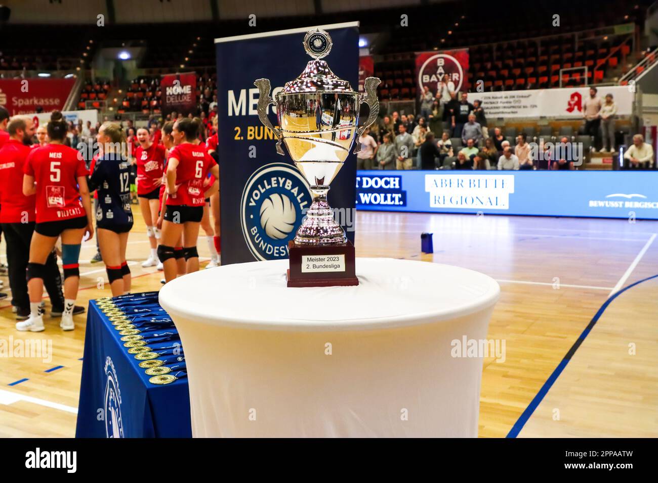 Volleyball 2. Bundesliga Nord Frauen. Bayer Volleys - Stralsunder Wildcats 22.04.2023, Meisterschaftsentscheidung. Stockfoto