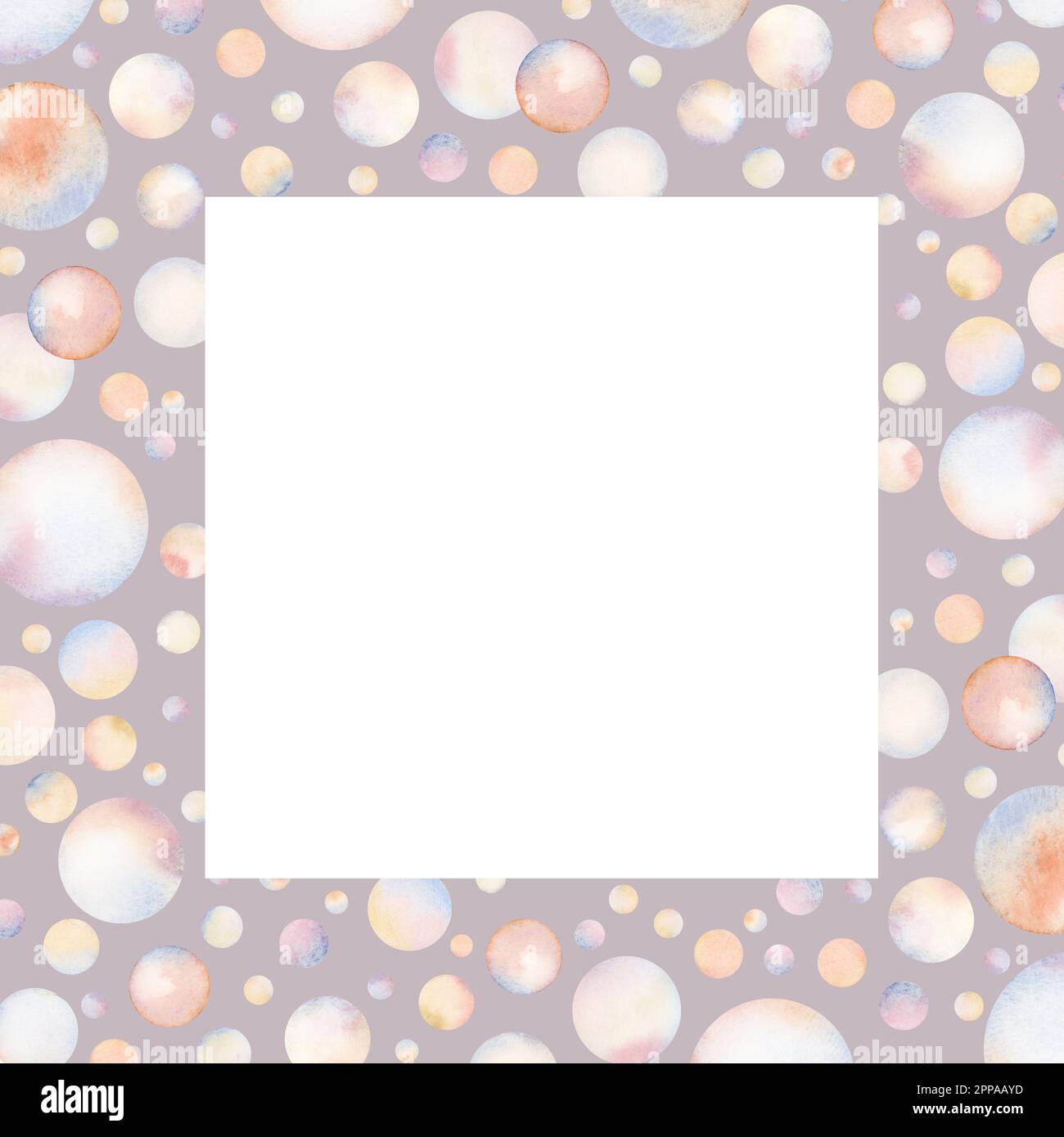 Aquarell Dusty Rosa Seife Luftblasen quadratische Rahmenvorlage mit Kopierbereich für Text in romantischen Farben, Unterwasser-Seemannszeichnung isoliert auf w Stockfoto