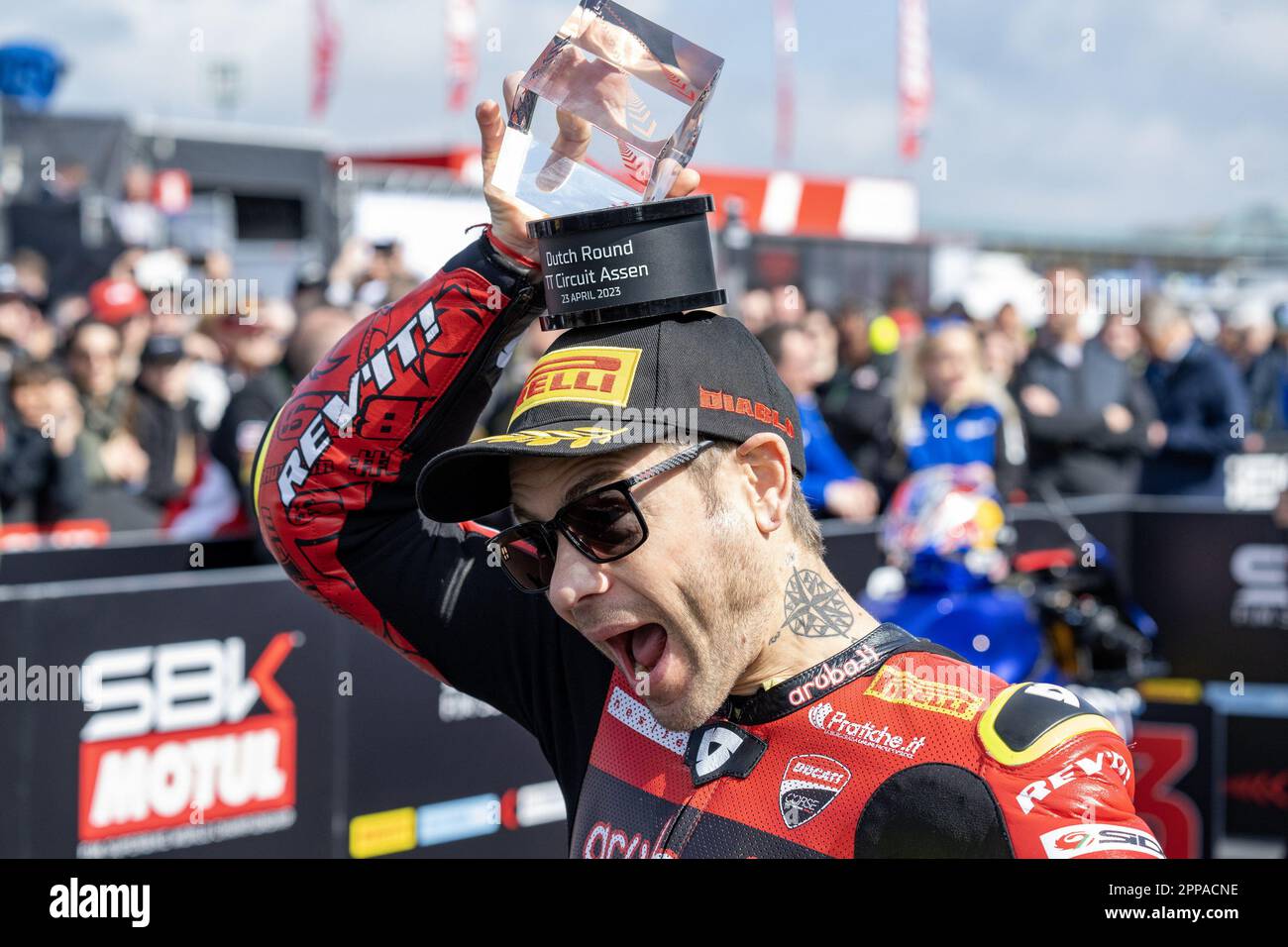 NÂ°1 Alvaro Bautista ESP Ducati Panigale V4R ARUBA.IT Racing -Ducati während der Pirelli Dutch Round FIM Superbike World Championship 2023 - Superpole Race, World Superbike - SBK in Assen, Niederlande, April 22 2023 Stockfoto