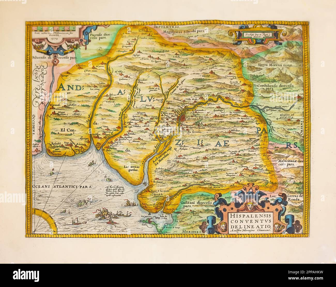 Huelva, Spanien - 22. April 2023: Originale Karte aus dem 1579., 16. Jahrhundert, in Farbe, die Andalusien in dieser Zeit repräsentiert, erhalten in La Palma del Cond Stockfoto