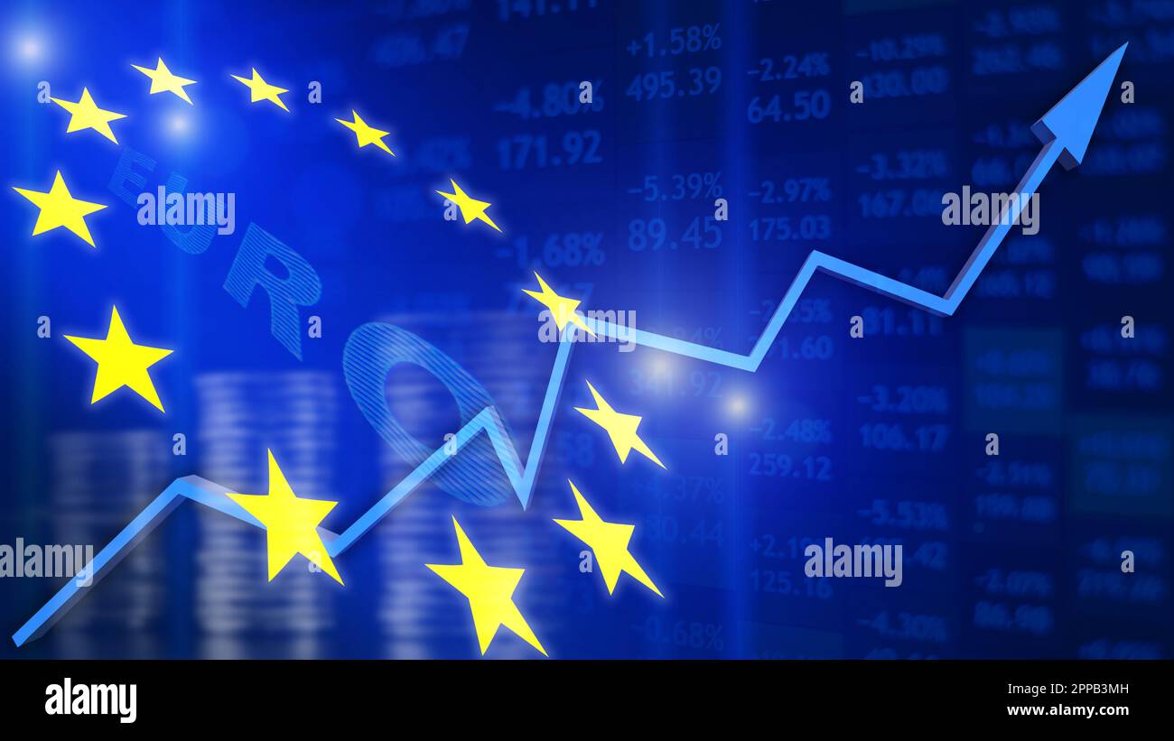 Das Konzept des Wachstums des europäischen Aktienmarktes, Inflation, Diskontsatz, Arbeitslosigkeit Stockfoto