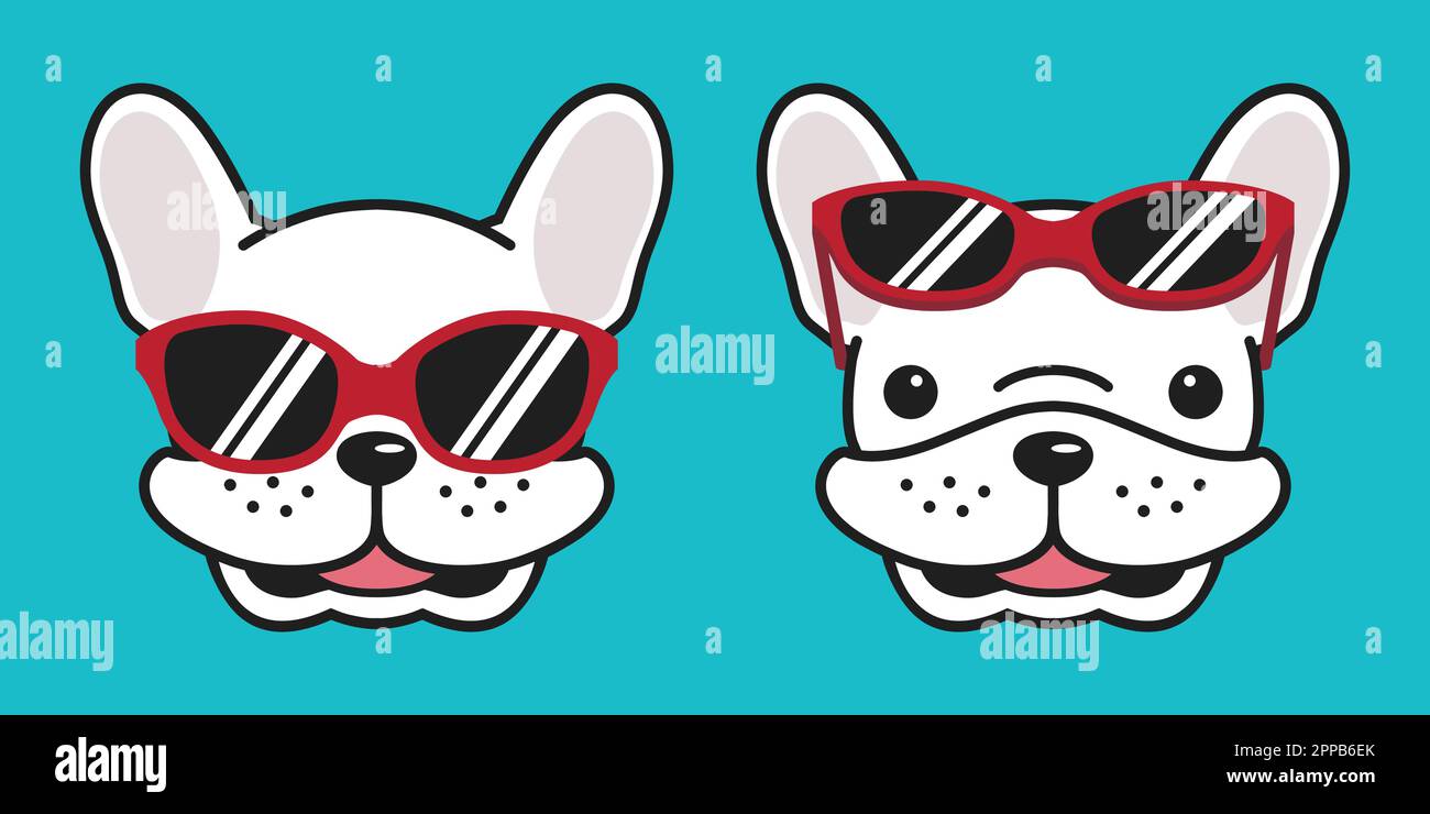 Hundevektor französisches Bulldogsymbol Lächeln rote Sonnenbrille Cartoon Figur weiß Stock Vektor