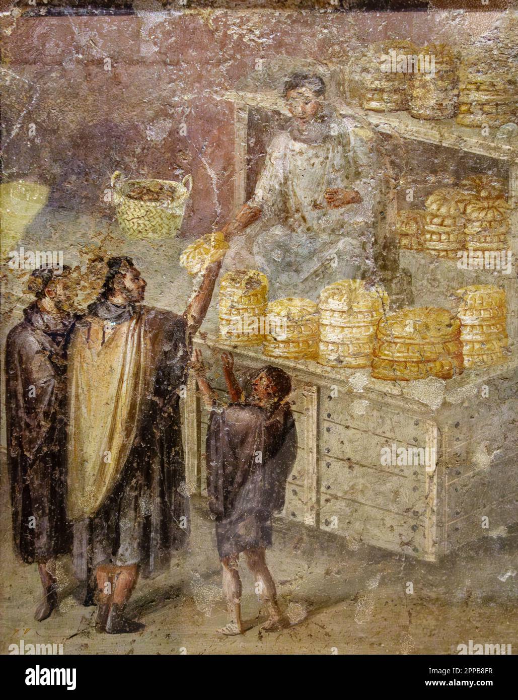 Ein römischer Bäcker, der Brot an seine Kunden verkauft - ein Fresko aus Pompeji im Archäologischen Nationalmuseum in Neapel, Italien Stockfoto