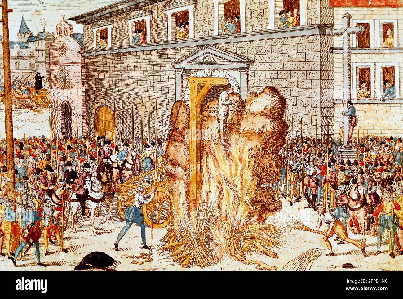 Prozess und Hinrichtung von Anne du Bourg - Guerre de Religion : Hinrichtung sur le bucher pour heresie du magistrat francais Demonstrantin Anne du Bourg (1521-1559) le 23/12/1559 sur la Place de Greve a Paris' Stockfoto