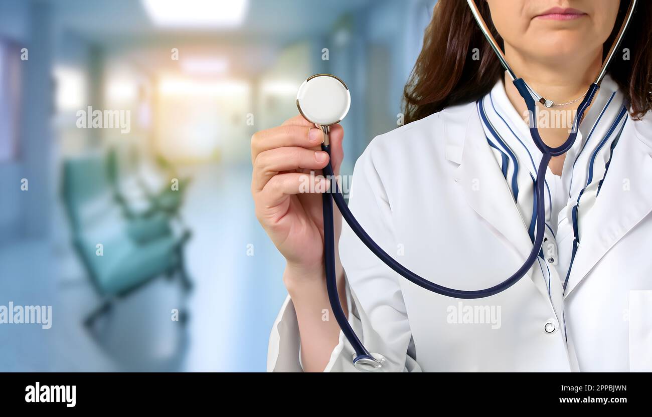 Mediziner mit Stethoskop im Umgang mit dem Klinikhintergrund. Medizin- und Gesundheitskonzept. Stockfoto