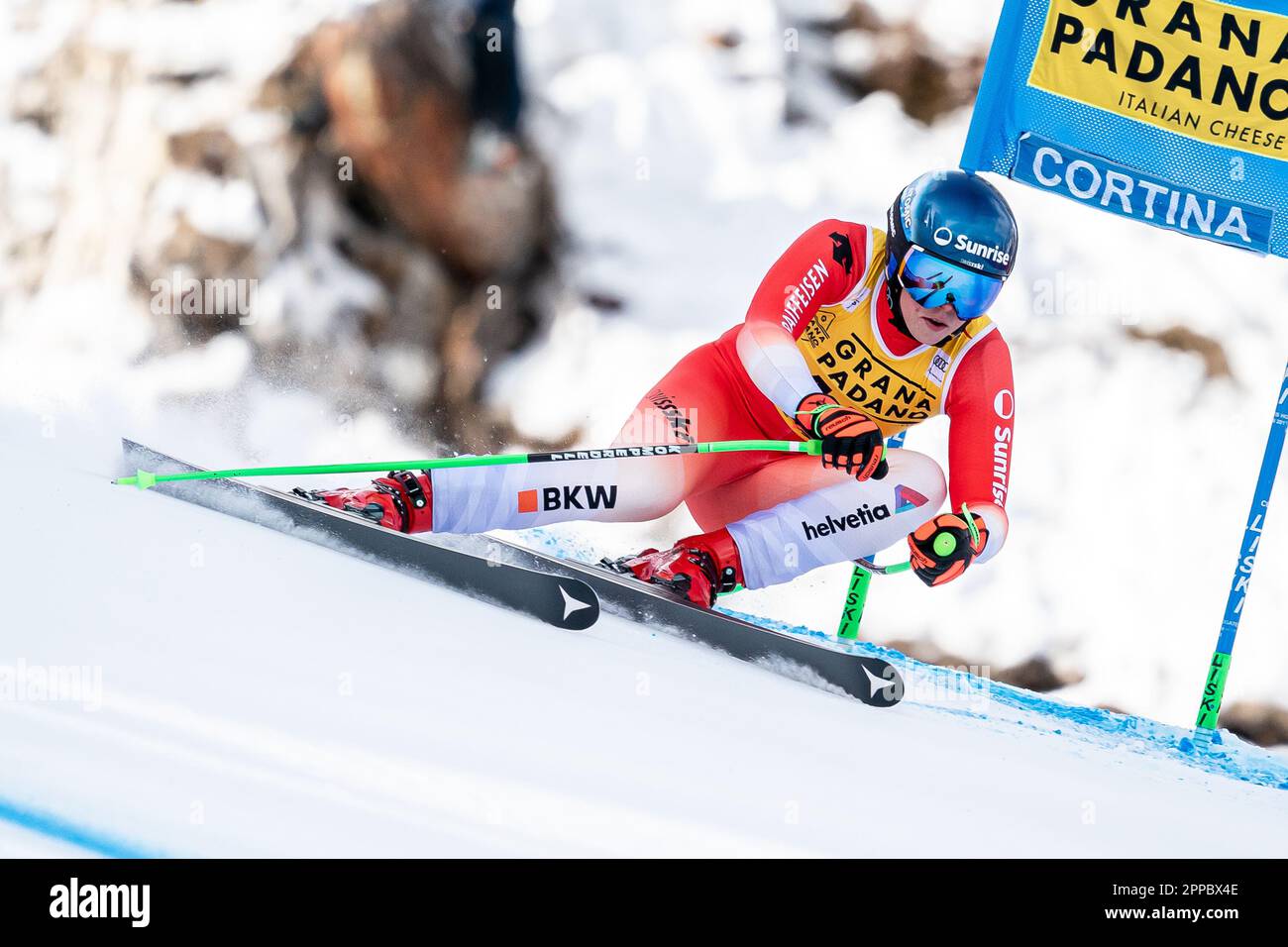 Cortina d’Ampezzo, Italien, 22. Januar 2023. JENAL Stephanie (Sui) nimmt am Audi FIS Alpine Skiing World Cup Frauen Super-G Race auf der Olympia Teil Stockfoto