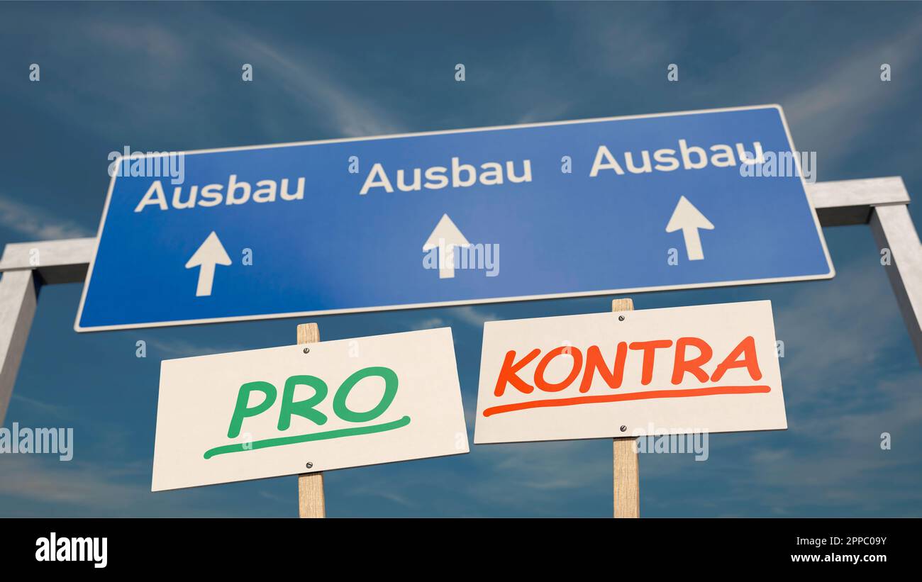 Autobahnschild mit dem deutschen Wort "Ausbau" für die mehrspurige Autobahnerweiterung in Deutschland und pro- und Contra-Zeichen im Vordergrund Stockfoto