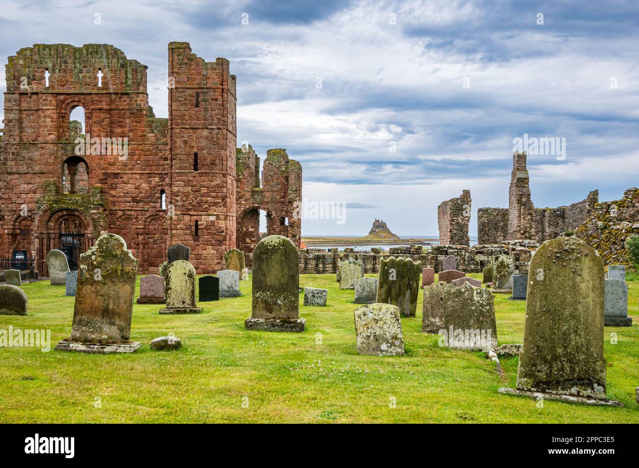Alte Grabsteine inmitten der Ruinen von Lindisfarne Priory mit Blick auf das Schloss Lindisfarne, die Heilige Insel Lindisfarne, Northumberland, England, Großbritannien Stockfoto