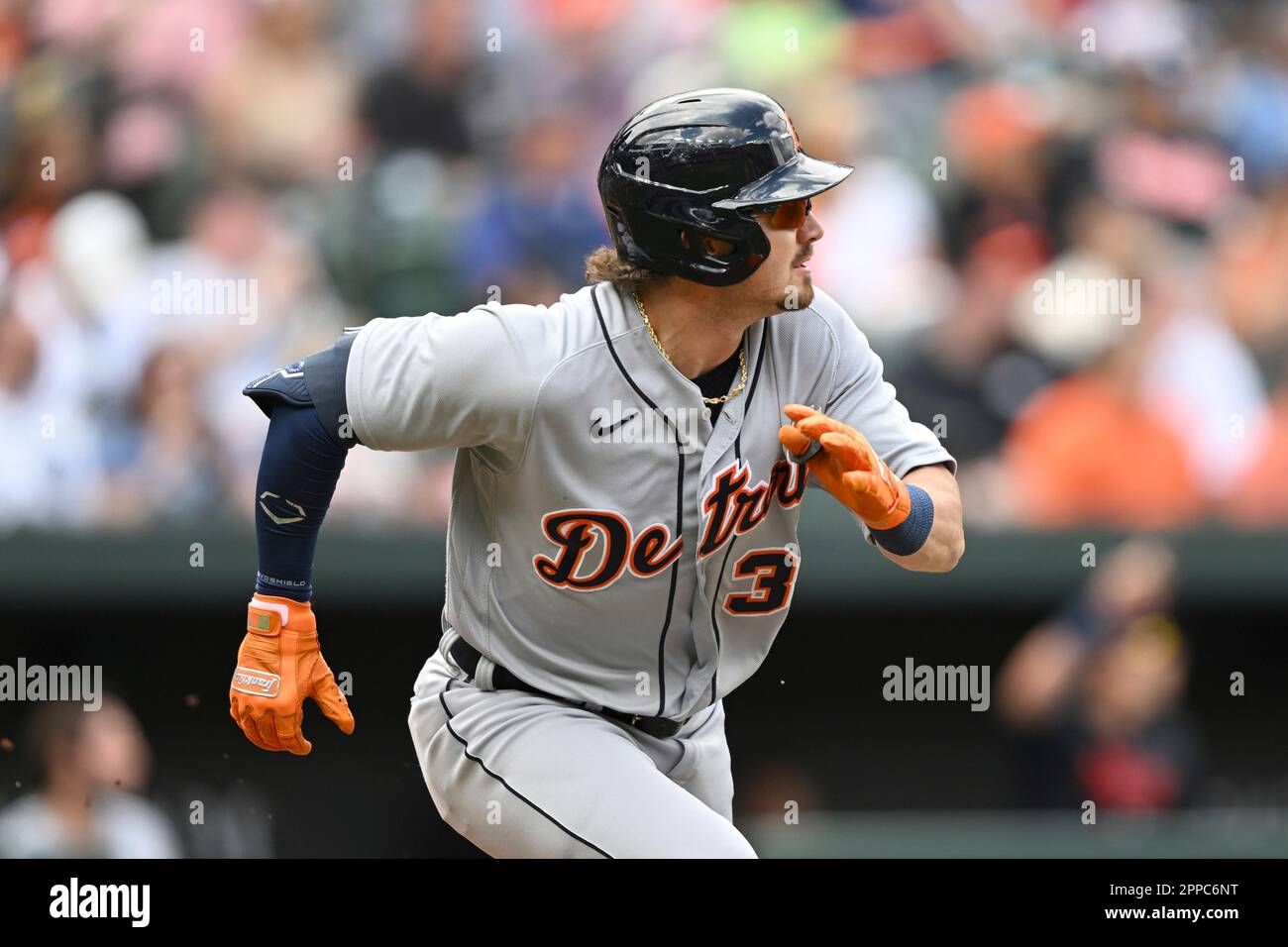 Detroit Tigers' Zach McKinstry runs to first on a double against the