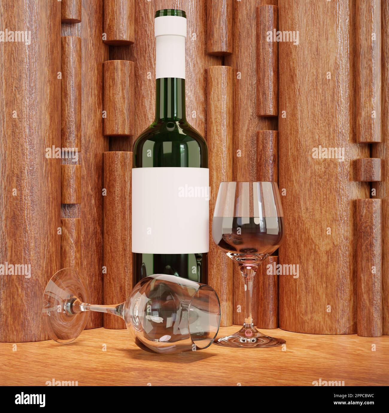 Flasche Wein mit zwei Gläsern und hochwertigem Holzhintergrund - 3D-Rendering Stockfoto