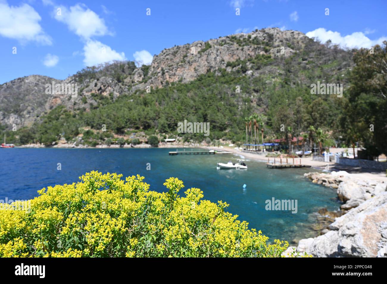 Blick auf die Küste im Dorf Selimiye, Marmaris Stockfoto