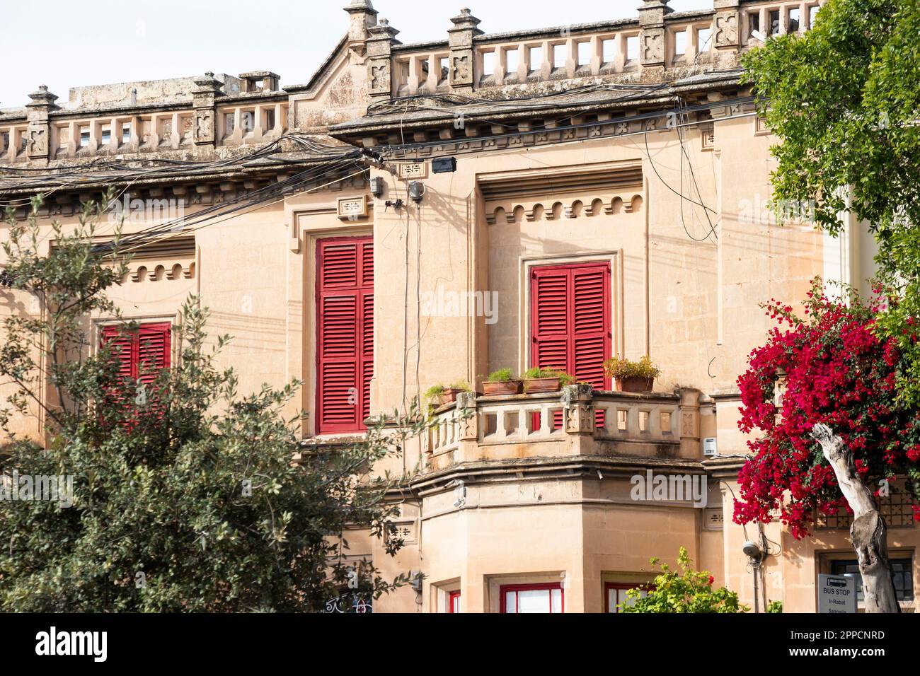 Rabat, Malta - 13. November 2022: Wohnhaus mit roten Fensterläden und einem roten Blumenstrauch Stockfoto
