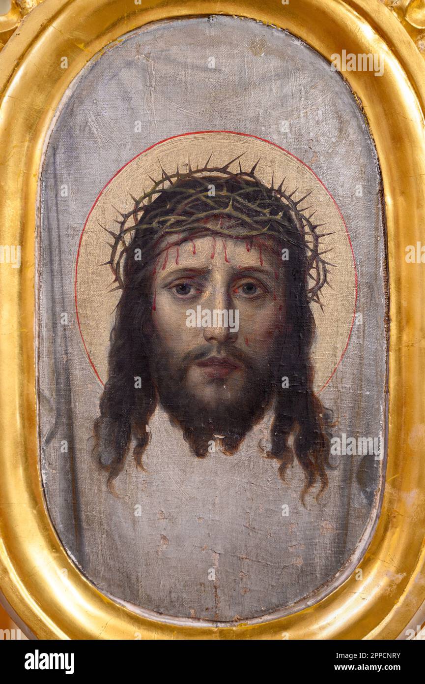 Eine Ikone des Jesu-Gesichts. Die griechisch-katholische Kirche der Dormition der Mutter Gottes in Čemerné, Slowakei. Stockfoto