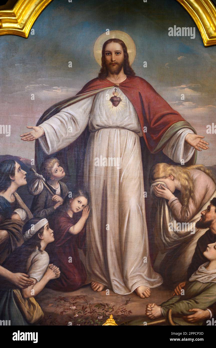 Ein Gemälde des heiligsten Herzens Jesu; Jesus mit Kindern. Stockfoto