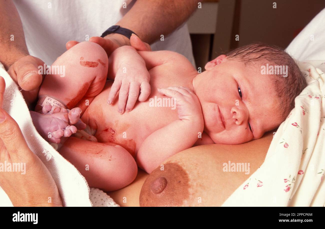 Neugeborenes liegt nach Krankenhausentbindung auf dem Bauch der Mutter Stockfoto