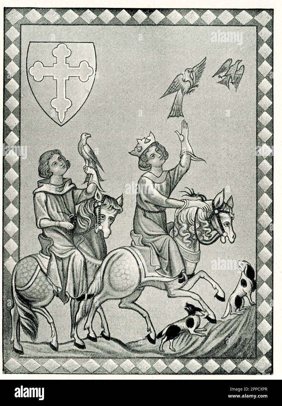 Der 1909. Titel lautet: "König Konrad, der Jüngere auf der Falkenjagd." Konrad I (auch Conrad I genannt der jüngere) war von 911 bis 918 der König von Ostfrankien. Er war der erste König, nicht der Carolingian-Dynastie, der erste, der vom Adel gewählt wurde und der erste, der gesalbt wurde. Ostfrankien bezieht sich jetzt auf Deutschland. Stockfoto