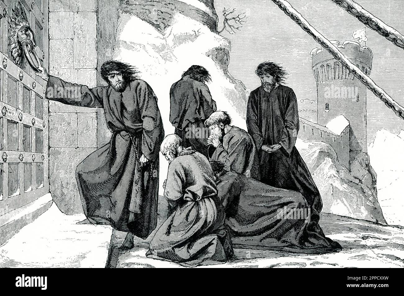 Der 1906. Titel lautet: "Henry sucht Zugang zu Canossa. Dies ergänzt ein Bild, auf dem Papst Gregory den demütigen Kaiser Henry in Canossa beobachtet. Das repräsentiert Henry, wie er barfuß den felsigen Pfad mit seinen treuen Dienern erklimmen muss. Er hebt den schweren Eisenknopf auf dem Portal; und diese erste Barriere wird sich für ihn öffnen, aber nur, dass er allein im schneebedeckten Innenhof stehen darf." Papst Gregory VII. Exkommunizierte König Heinrich IV. Von Deutschland. Henry wollte die sozialen Folgen des päpstlichen Verbots nicht tragen und überquerte Mont Cenis mitten im Winter, um Frieden zu schließen Stockfoto