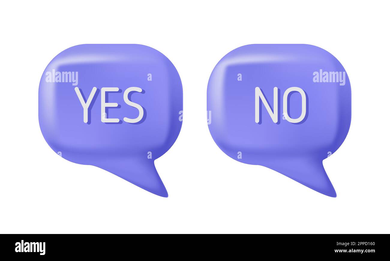 Vector 3D gibt die Sprechblase wieder. Blase mit Ja- und Nein-Antwort in blauen Farben. Banner für Support-Chat 3D. Form des Informationsschilds. Label für Quizantwort. Stock Vektor