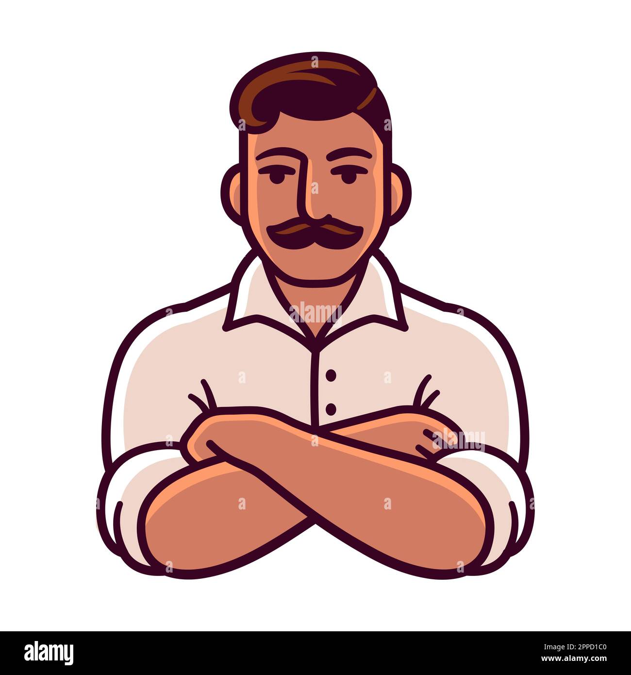 Zeichnung eines Mannes mit Schnurrbart, gekreuzten Armen und gerollten Ärmeln. Stilvolle altmodische Gentleman-Illustration. Stock Vektor
