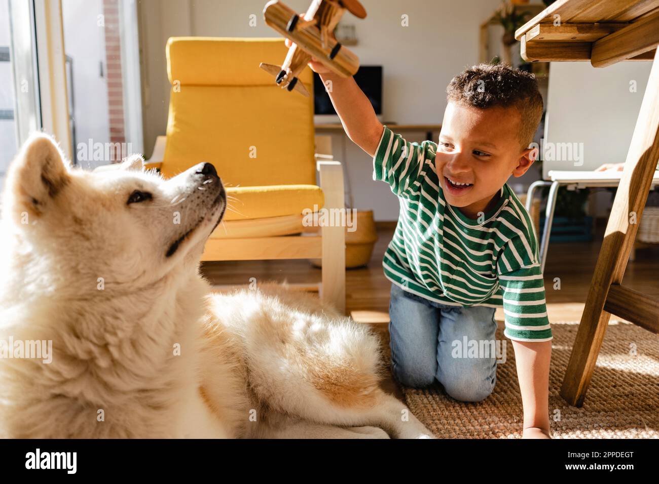 Süßer Junge, der zu Hause mit dem Hund spielt Stockfoto