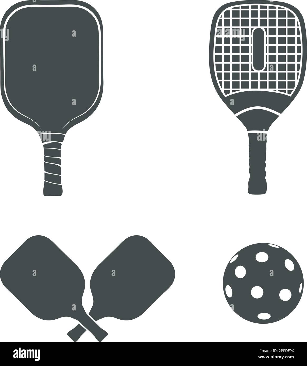 Pickleball Schläger- und Ball-Silhouette, Pickleball-Paddel-Silhouette, Pickleball-Ball-Silhouette Stock Vektor