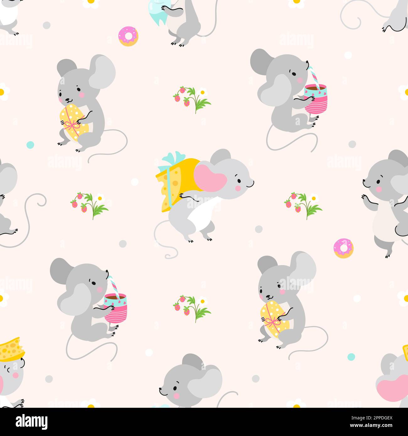 Süßes, nahtloses Mausmuster. Babymotiv mit lustigen Mäusen. Verschiedene Ratten, dekorative kindische Kreaturen heutzutage Vektorhintergrund Stock Vektor