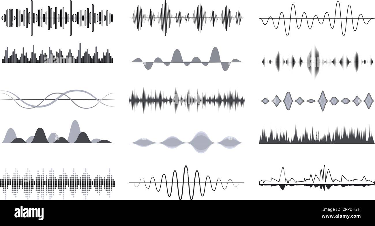 Radio-Musikwellen-Designs, analoges Audiosignal. Titel oder Ton, Schwingungen mit Musik. Digitale Schwarzweiß-Vektorsymbole mit Spracherkennung Stock Vektor
