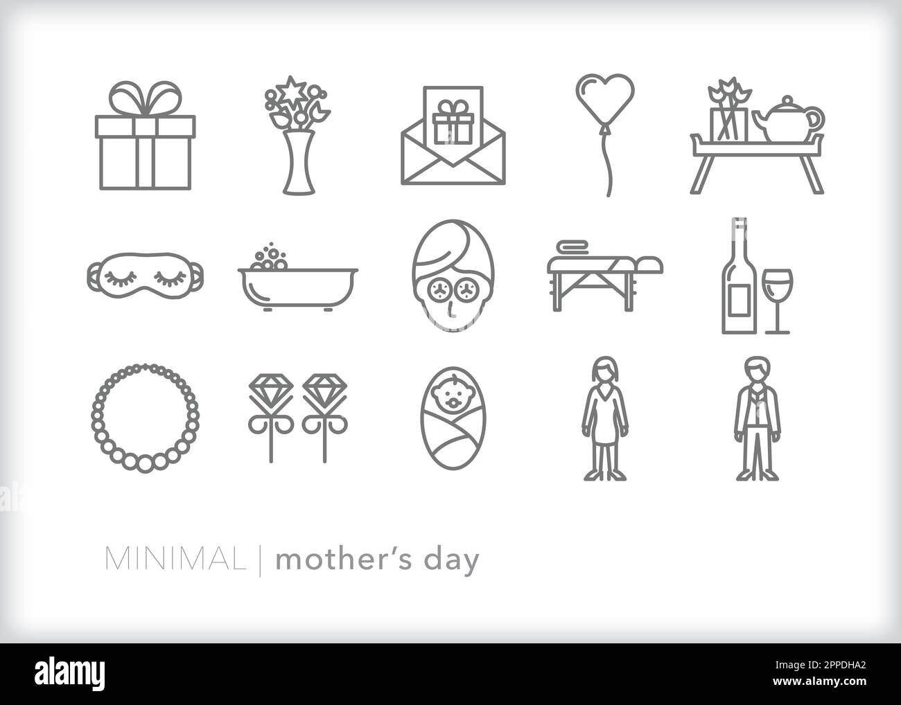 Satz von Zeilensymbolen zum Muttertag mit Themen, Geschenken und Aktivitäten, um Mütter und Großmütter für den Feiertag zu ehren und zu feiern Stock Vektor