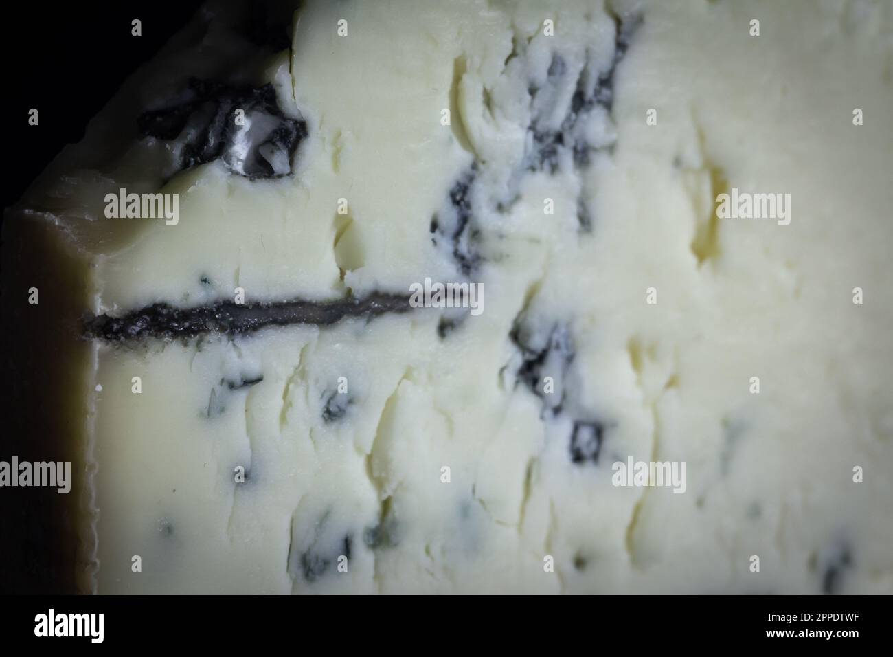 Bild eines Makrofotos eines Stücks französischen Blauschimmelkäses oder Fromage Bleu. Blauschimmelkäse ist halbweicher Käse mit einem scharfen, salzigen Geschmack. Es wird mit hergestellt Stockfoto