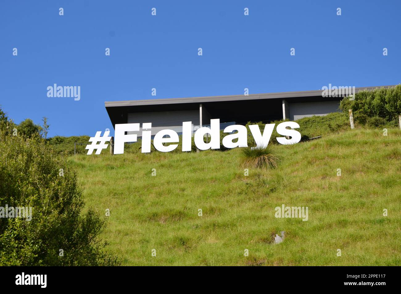 Hashtag Fieldays-Schild - die größte landwirtschaftliche Veranstaltung der südlichen Hemisphäre. Stockfoto